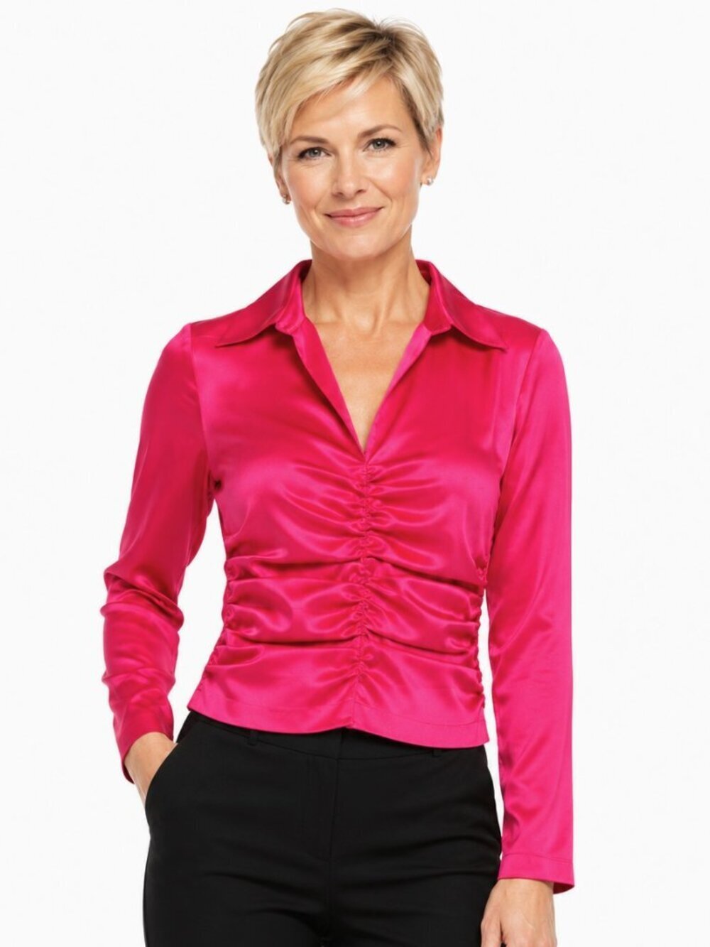 Tadashi Shoji Petite Magenta Ruched Taffeta Back Zip Top